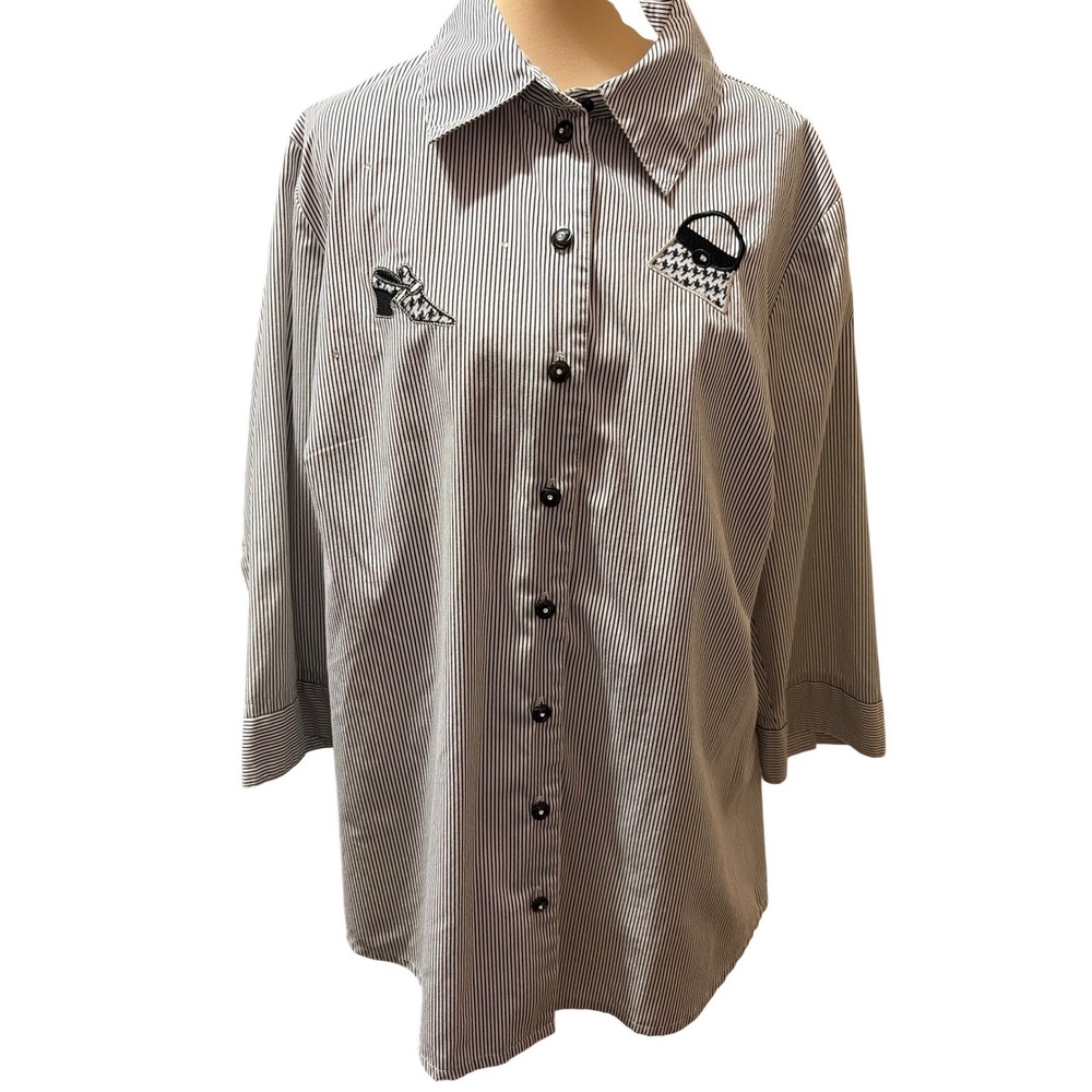 Allison Daley Black White Striped Rhinestone Embroidered Blouse 16W Novelty